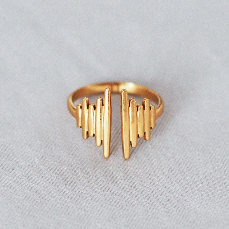 Anel Pulse 18K em aço cirúrgico banhado a ouro, com design moderno formado por filetes verticais de diferentes alturas, lembrando ondas sonoras, fotografado em fundo neutro.