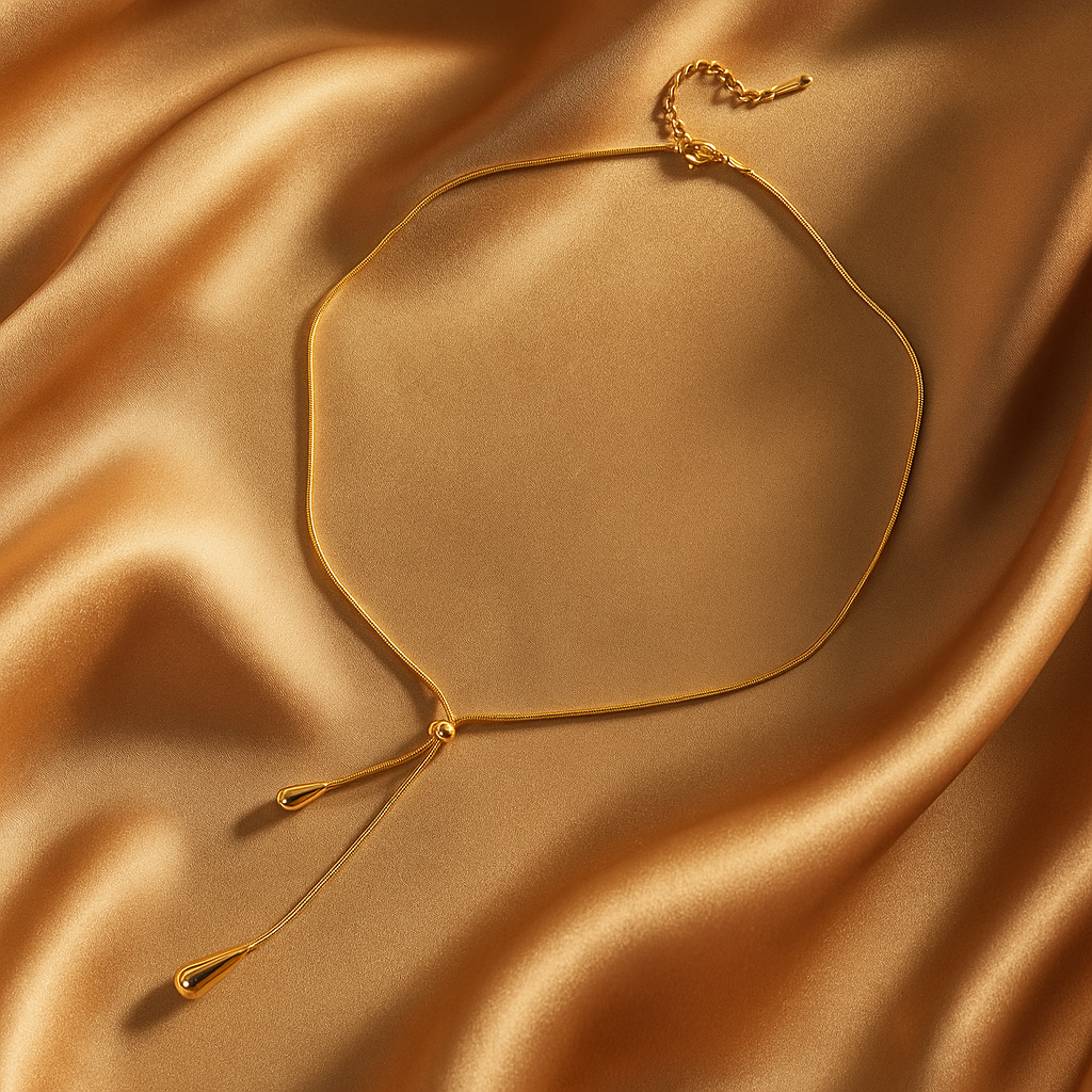 Colar de ouro estilo minimalista com pingentes em forma de gota sobre o colo de uma modelo — Colar Essence 18K AURUM