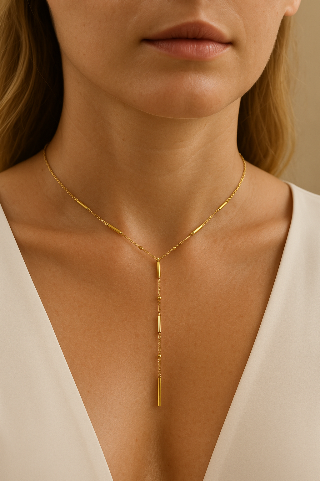 Foto do Colar Lines banhado a ouro, com design minimalista e barras douradas distribuídas ao longo da corrente.
