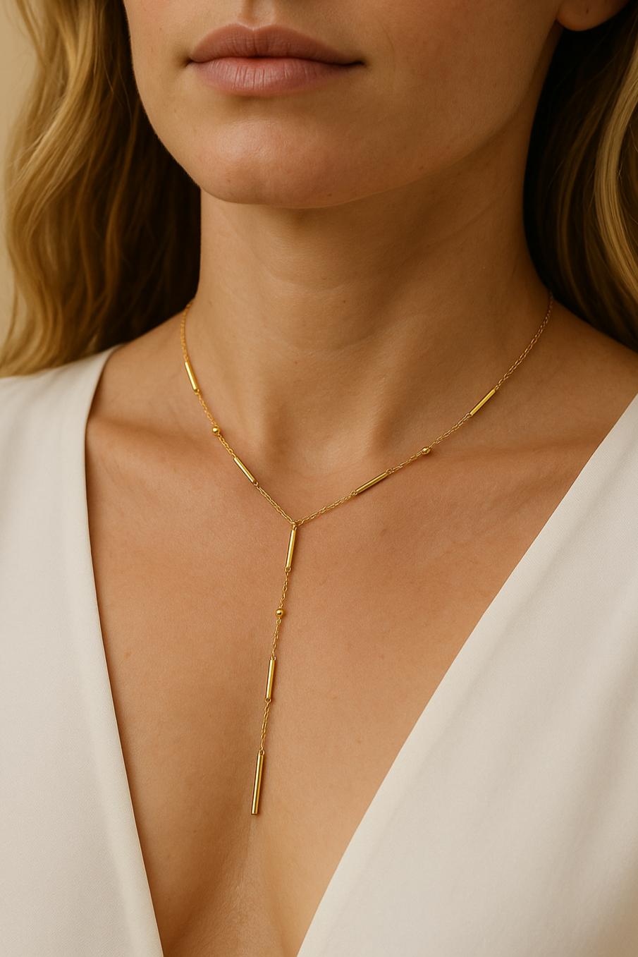 Foto do Colar Lines banhado a ouro, com design minimalista e barras douradas distribuídas ao longo da corrente.