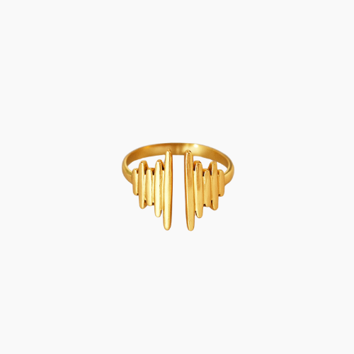 Anel Pulse 18K em aço cirúrgico banhado a ouro, com design moderno formado por filetes verticais de diferentes alturas, lembrando ondas sonoras, fotografado em fundo neutro.

